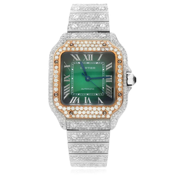 Cartier Santos WSSA0018 40mm Auto SS Watch w/ Aftermarket 11.5CTW Diamond Green Dial - WJD Exclusives