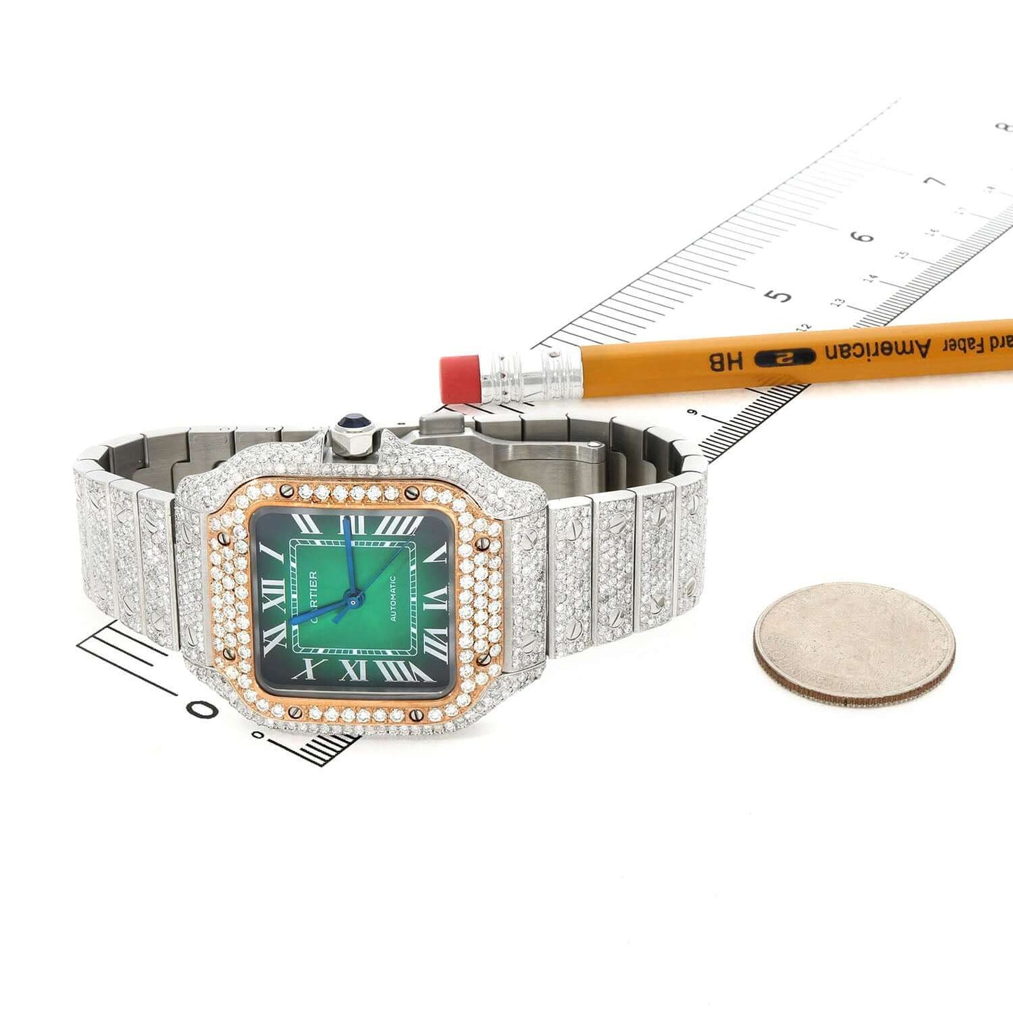 Cartier Santos WSSA0018 40mm Auto SS Watch w/ Aftermarket 11.5CTW Diamond Green Dial - WJD Exclusives