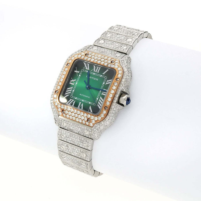 Cartier Santos WSSA0018 40mm Auto SS Watch w/ Aftermarket 11.5CTW Diamond Green Dial - WJD Exclusives