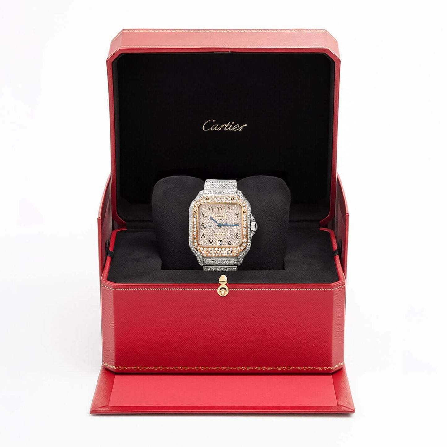 10CTW Natural Diamond Cartier Santos WSSA0018 Custom Full Pave Arabic Dial Automatic Watch - WJD Exclusives