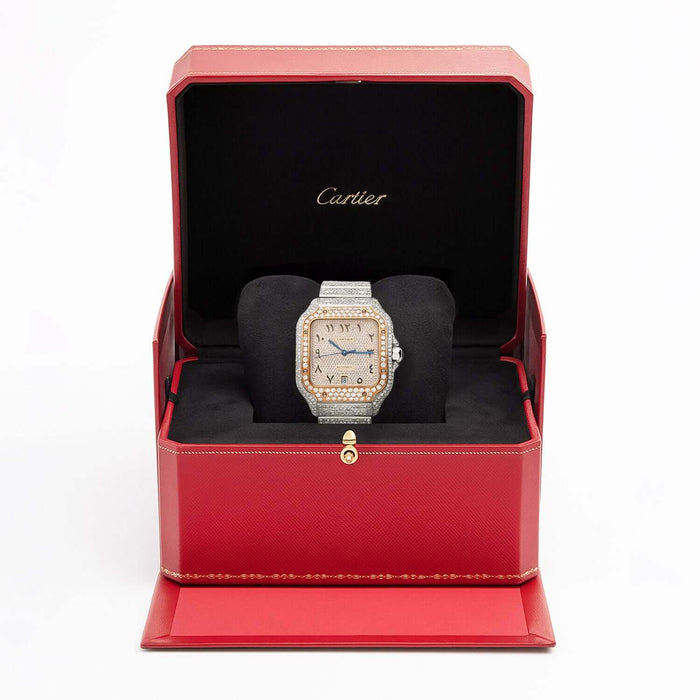 10CTW Natural Diamond Cartier Santos WSSA0018 Custom Full Pave Arabic Dial Automatic Watch - WJD Exclusives