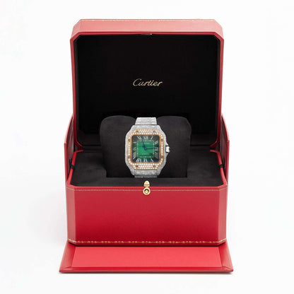 Cartier Santos WSSA0018 40mm Auto SS Watch w/ Aftermarket 11.5CTW Diamond Green Dial - WJD Exclusives
