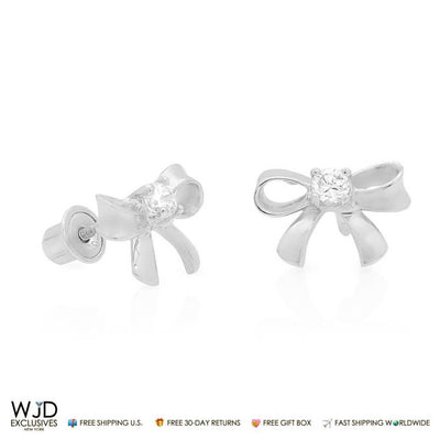 0.06Ct CZ Bow Stud Earrings 14K White Gold Baby Screw Back 9mm