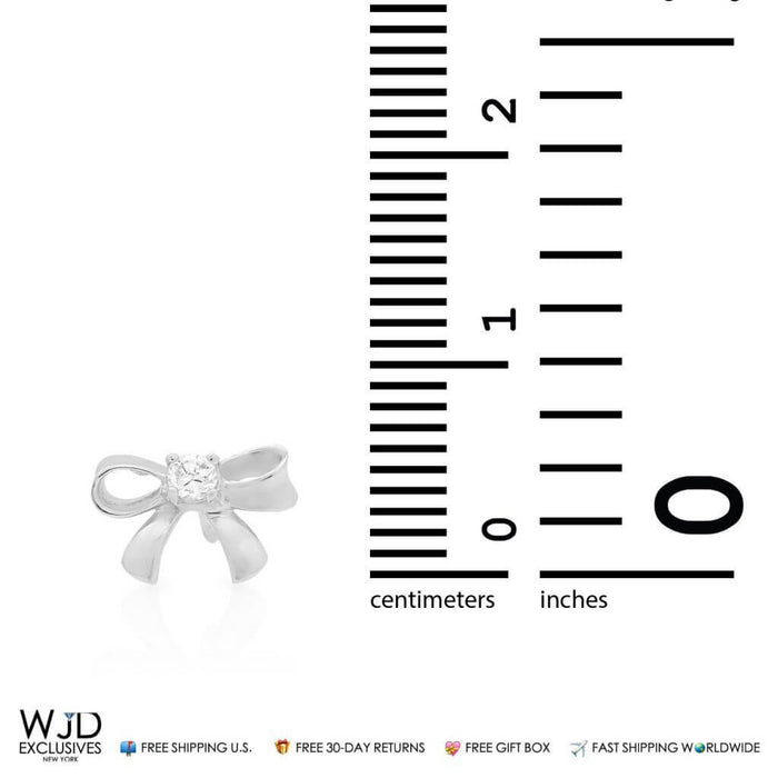 0.06Ct CZ Bow Stud Earrings 14K White Gold Baby Screw Back 9mm