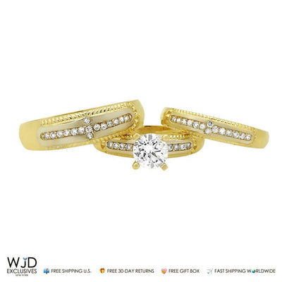 14K Yellow Gold His Her 3-piece Bridal Ring Set 1.6Ct CZ