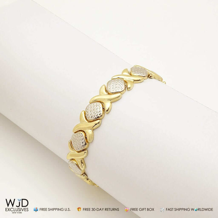 14K Two-Tone Gold Diamond-Cut Hugs & Kisses Love XO Bracelet (Hollow) 8"