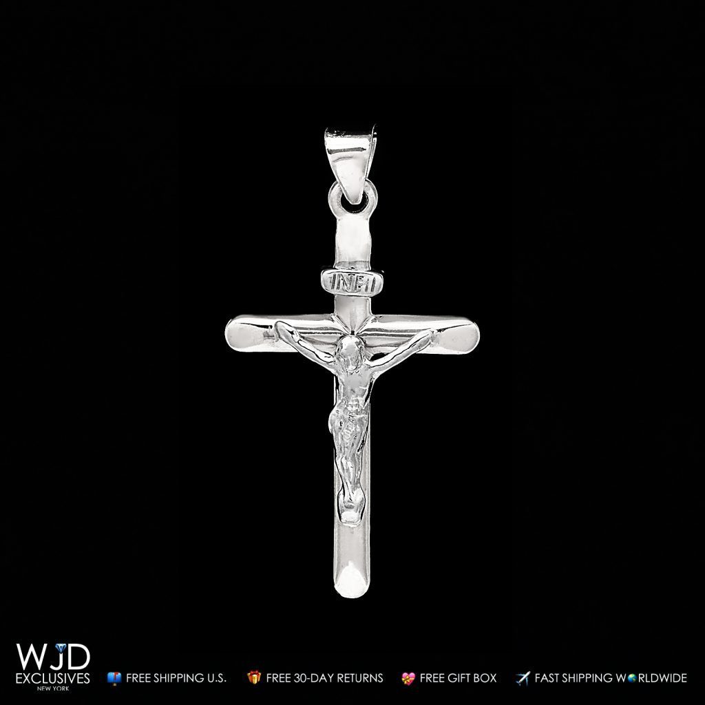 14K Real Gold White Crucifix Cross Religious Charm Pendant INRI