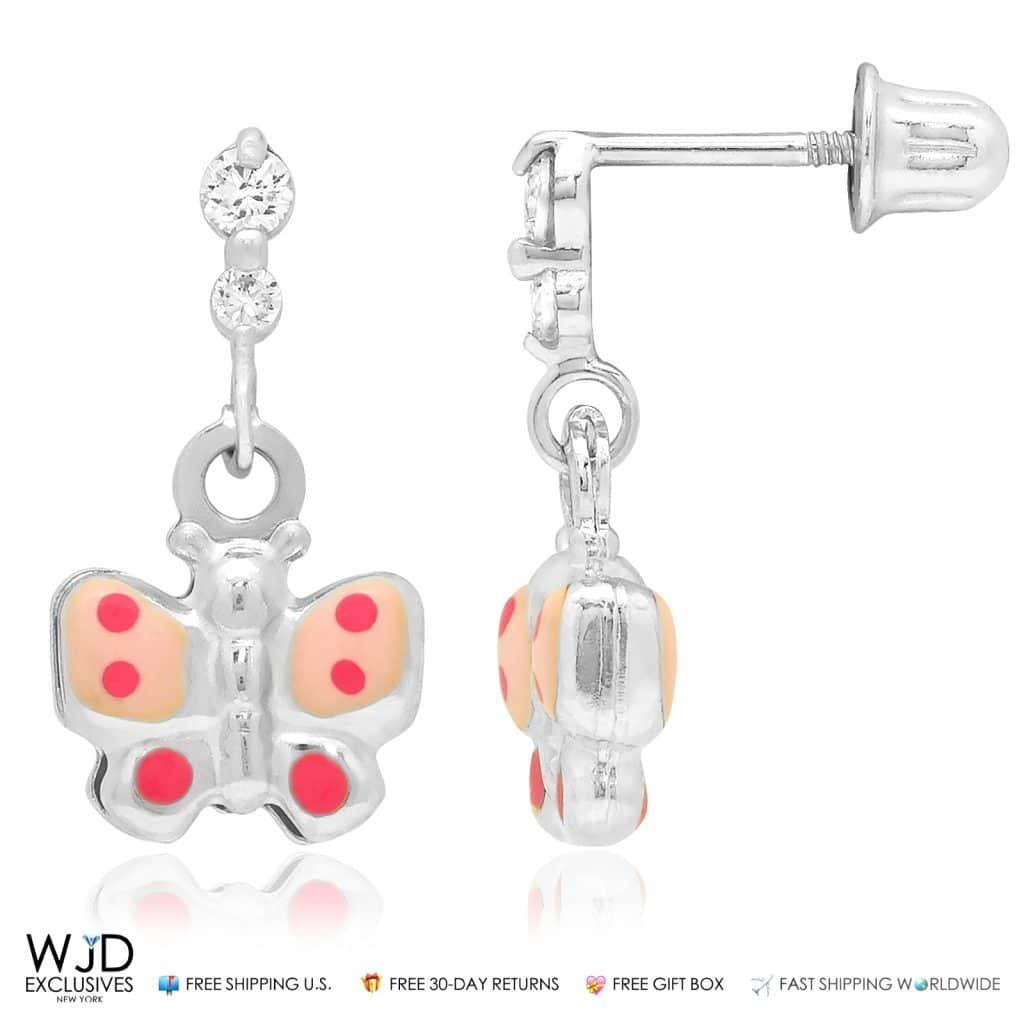 14K White Gold 0.20CTW CZ Enameled Butterfly Dangle Earrings