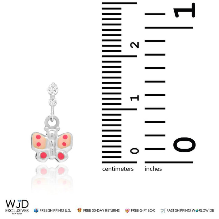 14K White Gold 0.20CTW CZ Enameled Butterfly Dangle Earrings