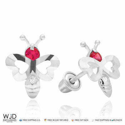 0.10CTW CZ Bee Ruby Stud Earrings 14K White Gold 0.4"