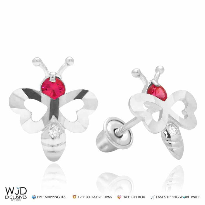 0.10CTW CZ Bee Ruby Stud Earrings 14K White Gold 0.4"