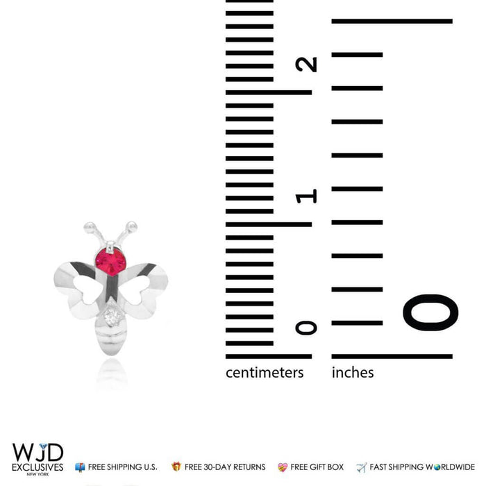 0.10CTW CZ Bee Ruby Stud Earrings 14K White Gold 0.4"