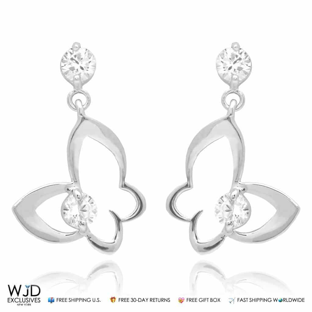 0.30Ct CZ 14K White Gold Butterfly Dangle Earrings