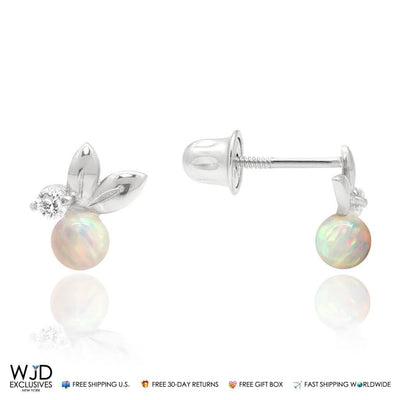 0.05CTW CZ White Fire Opal 14K White Gold Leaf Ball Stud Earrings