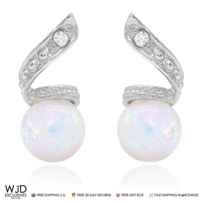 14k Whtie Gold 0.05Ct Diamond White Opal Ball Stud Swirl Earrings 0.5"