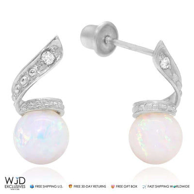 14k Whtie Gold 0.05Ct Diamond White Opal Ball Stud Swirl Earrings 0.5"
