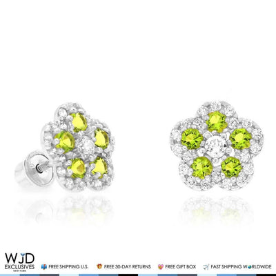 14k White Gold CZ & Peridot Flower Cluster Stud Earrings 8mm
