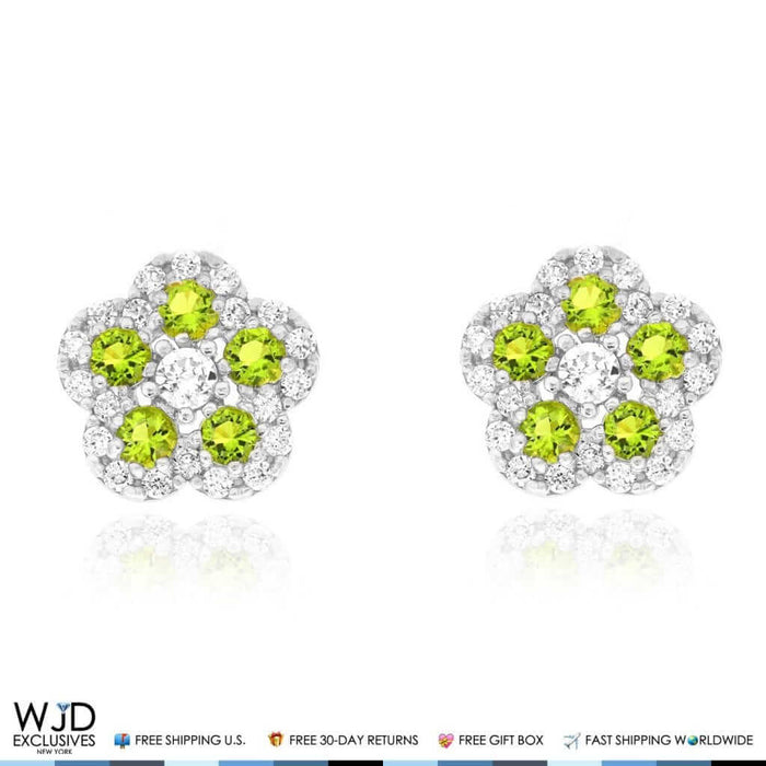 14k White Gold CZ & Peridot Flower Cluster Stud Earrings 8mm