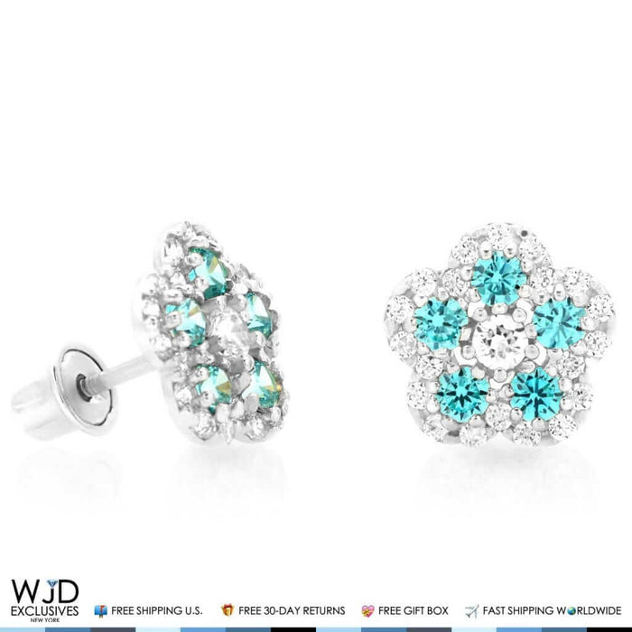 CZ & Blue Topaz Flower Shape Cluster Stud Earrings 14k White Gold