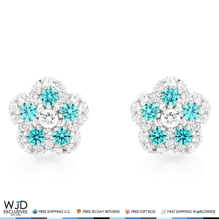 CZ & Blue Topaz Flower Shape Cluster Stud Earrings 14k White Gold