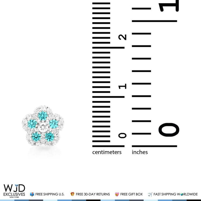 CZ & Blue Topaz Flower Shape Cluster Stud Earrings 14k White Gold