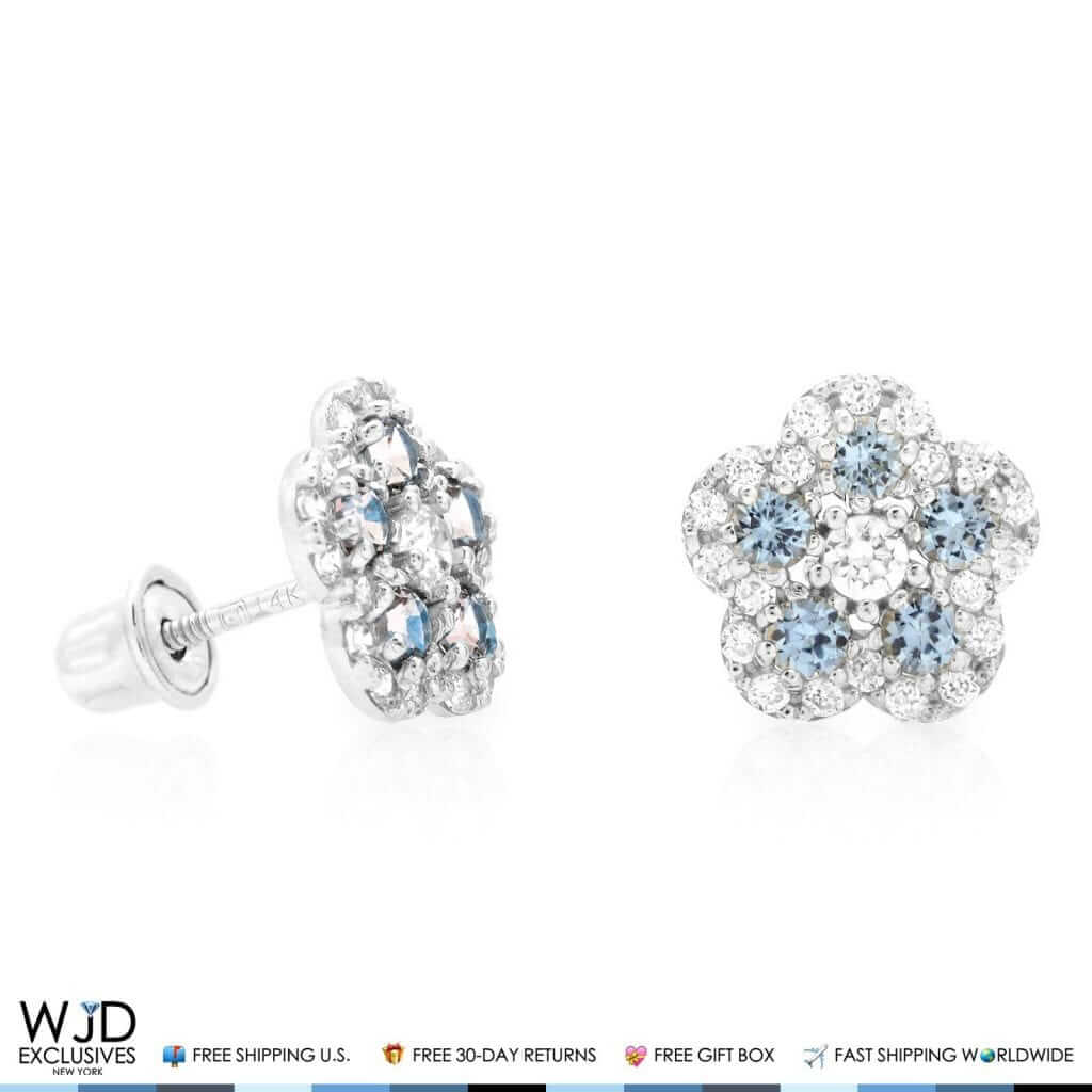 0.50Ct Diamond & Aquamarine Flower Shape Cluster Stud Earrings 14k White Gold