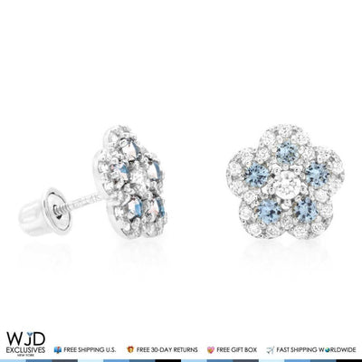 0.50Ct Diamond & Aquamarine Flower Shape Cluster Stud Earrings 14k White Gold