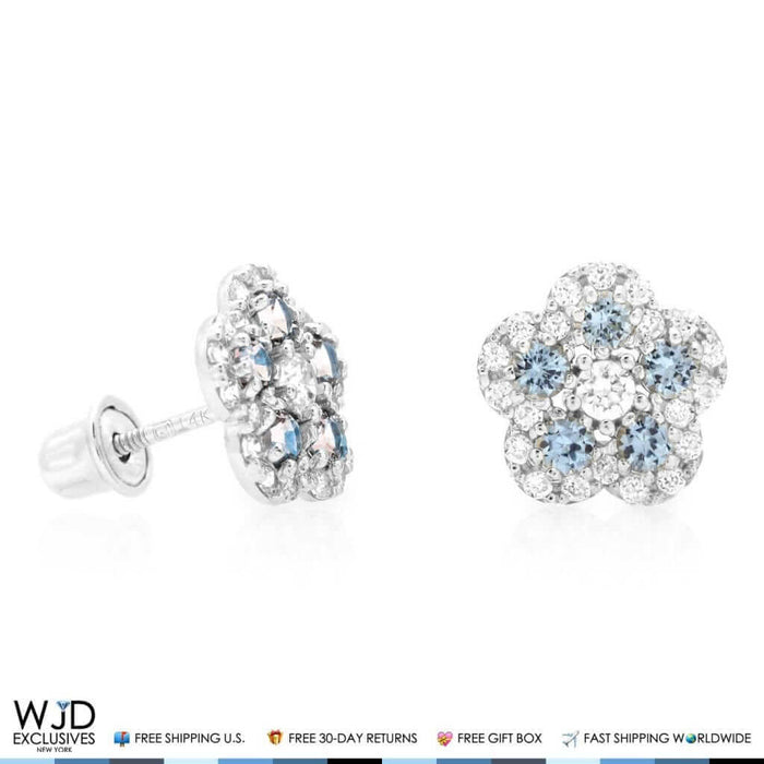 0.50Ct Diamond & Aquamarine Flower Shape Cluster Stud Earrings 14k White Gold