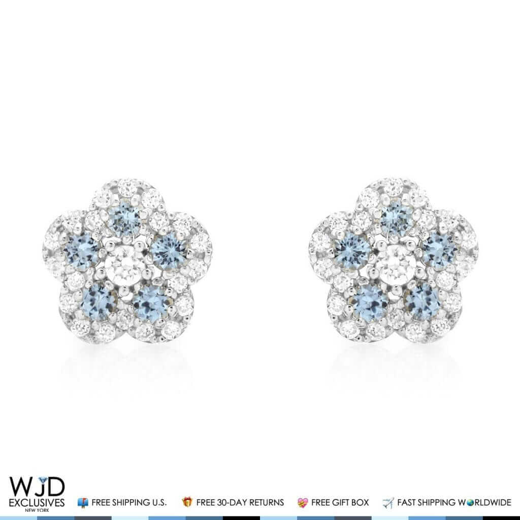 0.50Ct Diamond & Aquamarine Flower Shape Cluster Stud Earrings 14k White Gold