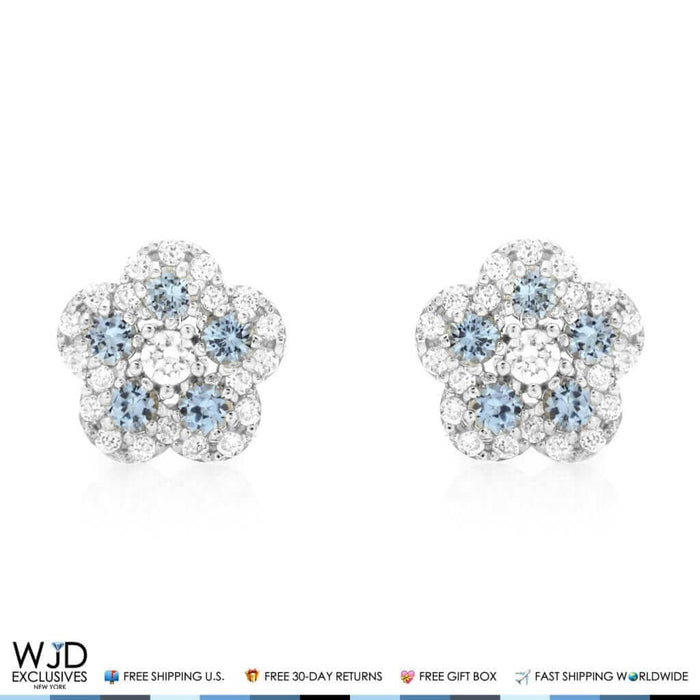 0.50Ct Diamond & Aquamarine Flower Shape Cluster Stud Earrings 14k White Gold