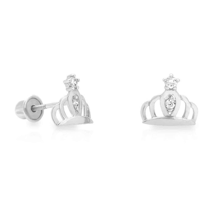 0.20Ct CZ Crown Screw Back Stud 14K White Gold 7mm Earrings