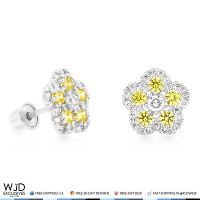 CZ & Citrine Flower Cluster Stud Earrings 14k White Gold 8mm