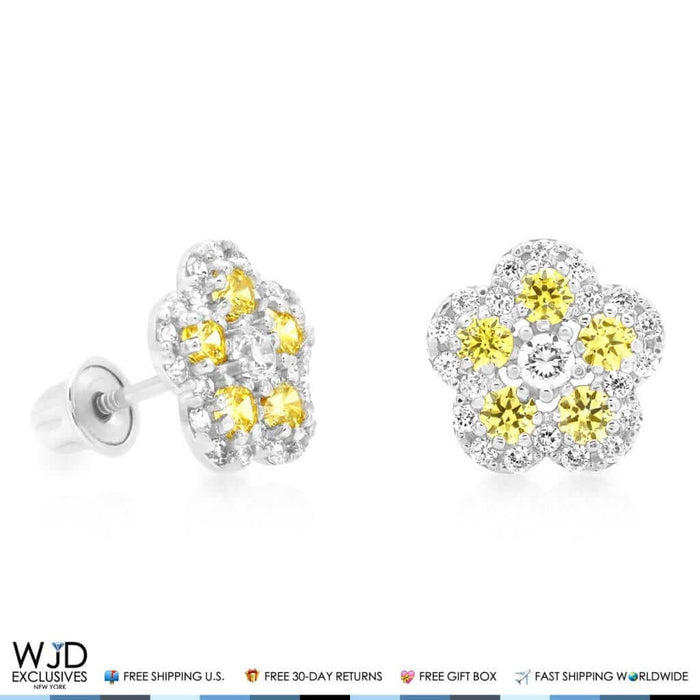 CZ & Citrine Flower Cluster Stud Earrings 14k White Gold 8mm