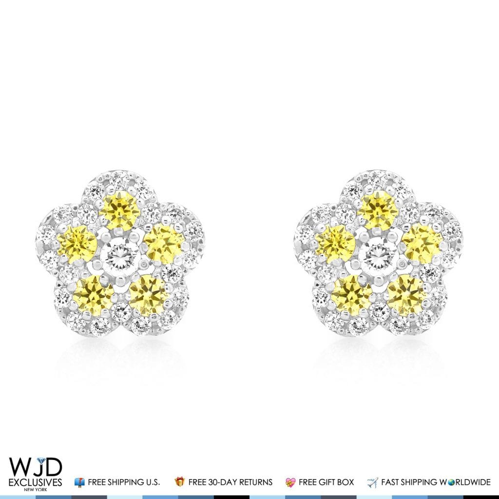 CZ & Citrine Flower Cluster Stud Earrings 14k White Gold 8mm