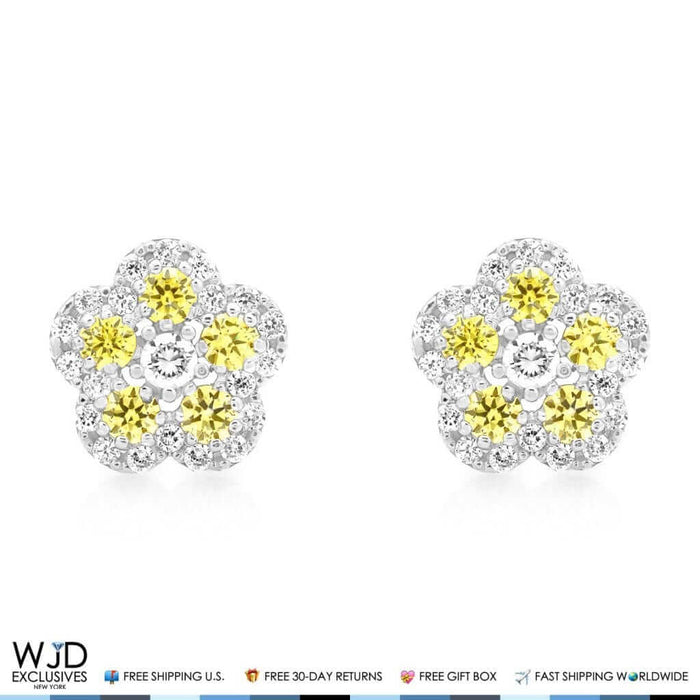 CZ & Citrine Flower Cluster Stud Earrings 14k White Gold 8mm