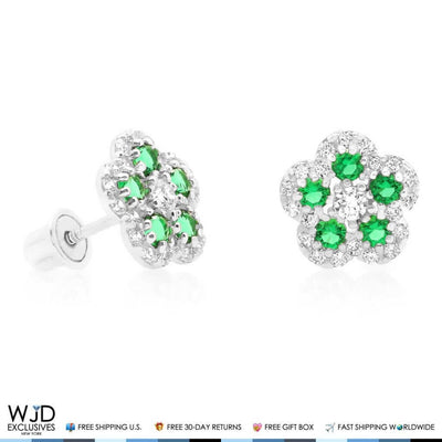 CZ & Emerald Flower Cluster Stud Earrings 14k White Gold 8mm
