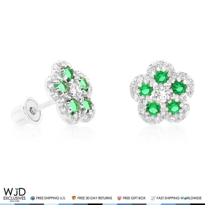 CZ & Emerald Flower Cluster Stud Earrings 14k White Gold 8mm