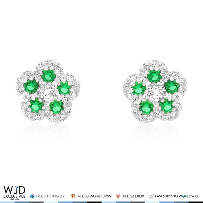 CZ & Emerald Flower Cluster Stud Earrings 14k White Gold 8mm