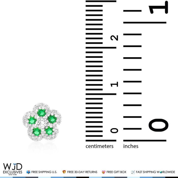 CZ & Emerald Flower Cluster Stud Earrings 14k White Gold 8mm
