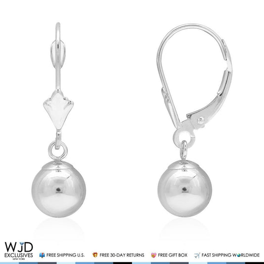 14K Solid White Gold 7mm Ball Lever Back Dangle Drop Earrings