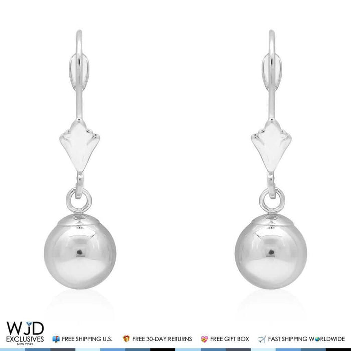 14K White Gold 7mm Ball Lever Back Dangle Drop Earrings