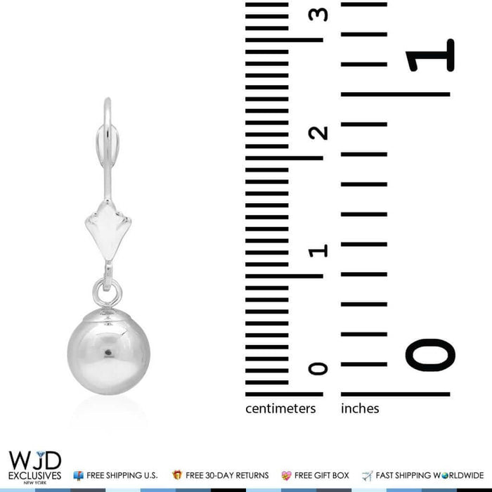 14K White Gold 7mm Ball Lever Back Dangle Drop Earrings