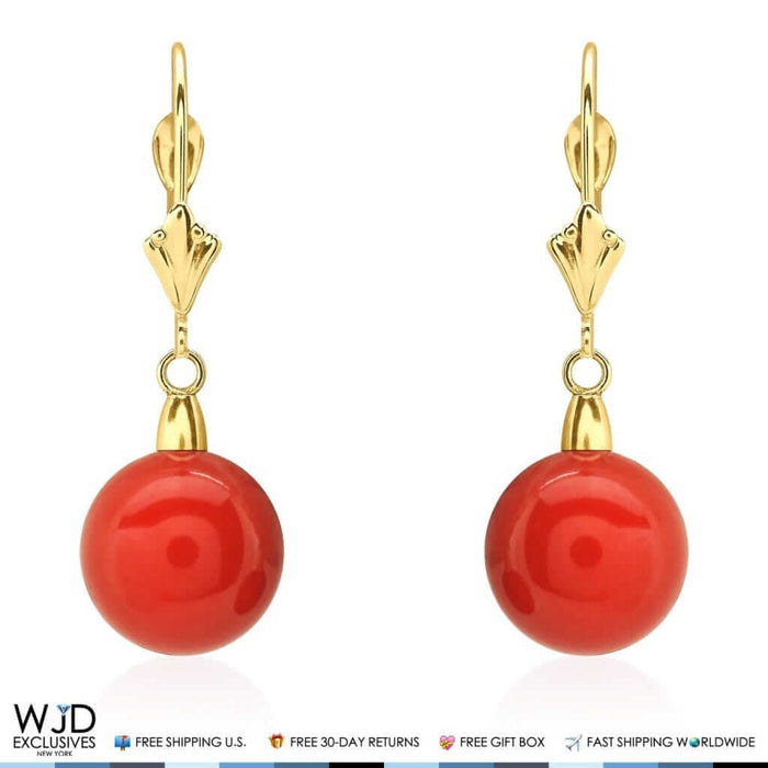 14K Gold 10mm Ball Red Coral Leverback Dangle Earrings 30mm