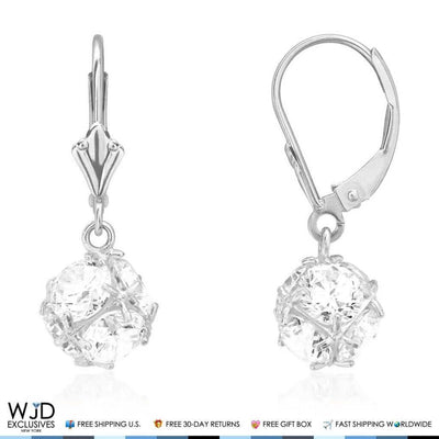 5.65Ct Simulated Round-Cut Diamond Dangle Leverback Earrings 14K White Gold