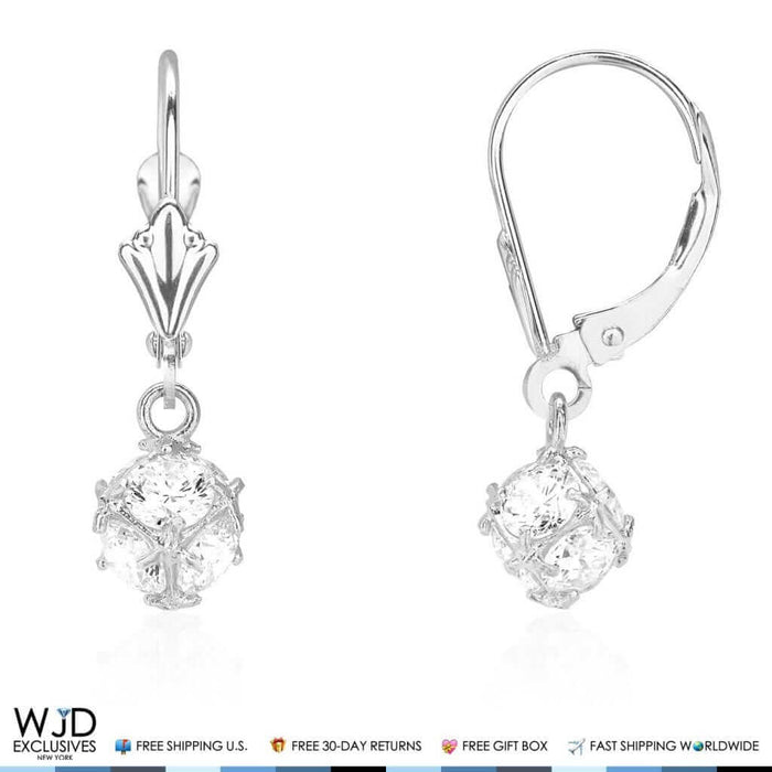 1.45Ct Simulated Round-Cut Diamond Dangle Leverback Earrings 14K White Gold