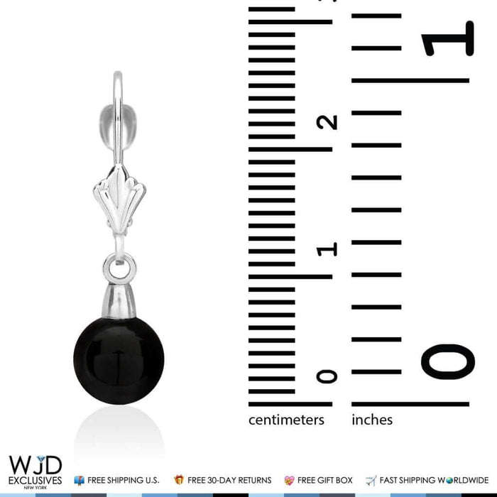 6mm-10mm Diameter Ball Shaped Onyx Dangle Leverback Earrings 14K White Gold