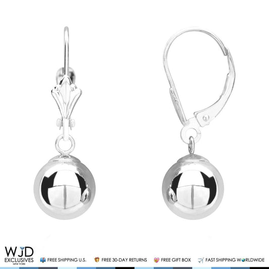 14K Solid White Gold 8mm Ball Lever Back Dangle Drop Earrings