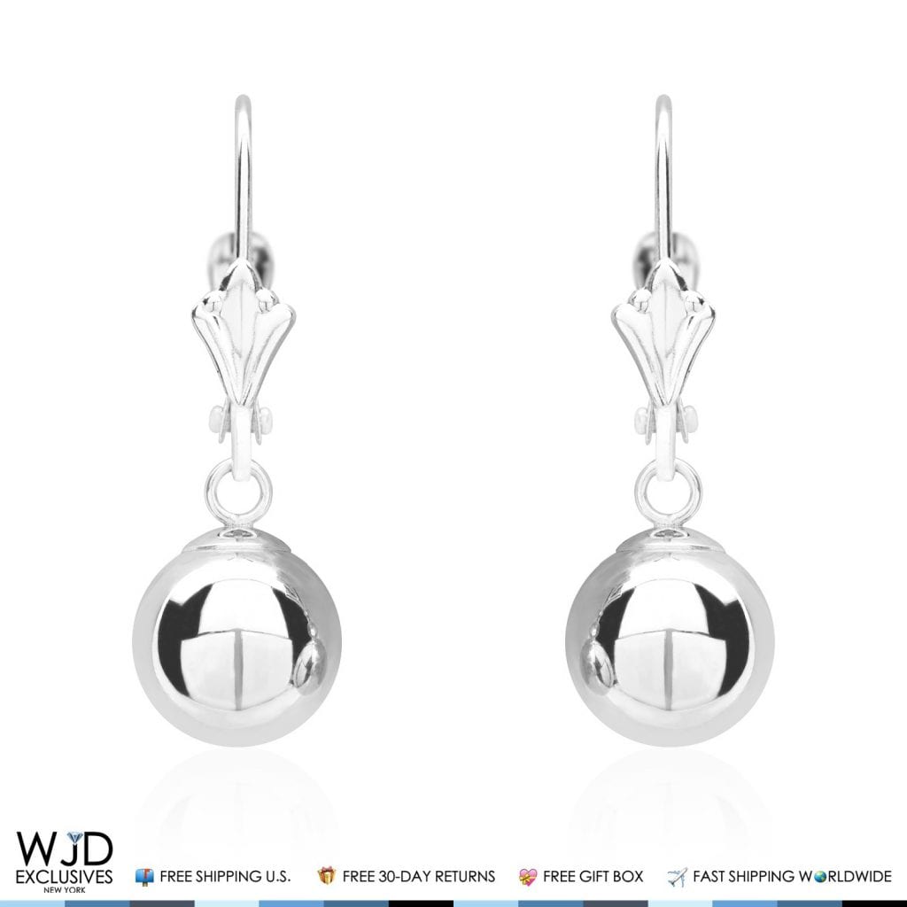 14K Solid White Gold 8mm Ball Lever Back Dangle Drop Earrings