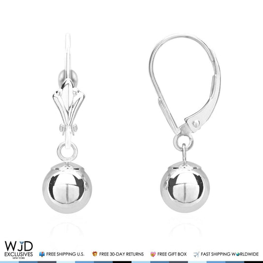 14K Solid White Gold 6mm Ball Lever Back Dangle Drop Earrings