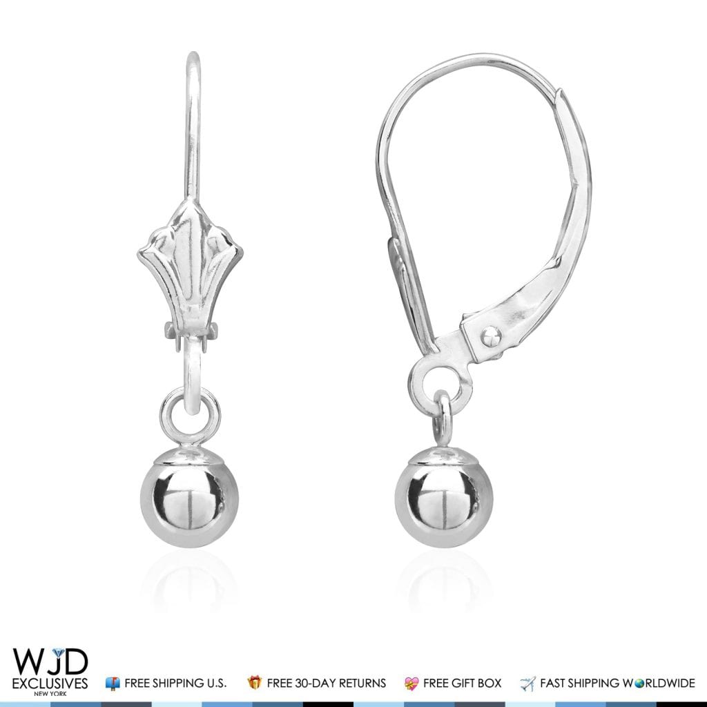 14K Solid White Gold 5mm Ball Lever Back Dangle Drop Earrings